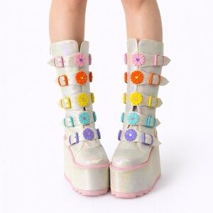YRU Rainbow Daisy Dune Platform Boots Iridescent Holo Festival Rave Size 9